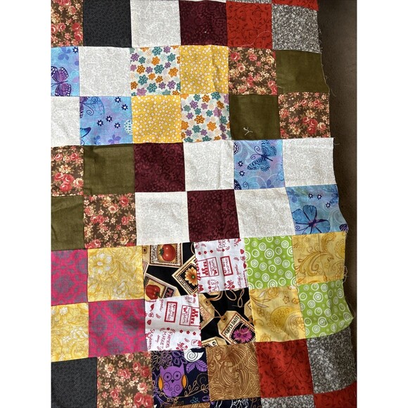 An unfinished Bordered Squares quilt top 41” x52.5” Yellow Pink Green Brown Blue - Picture 5 of 10